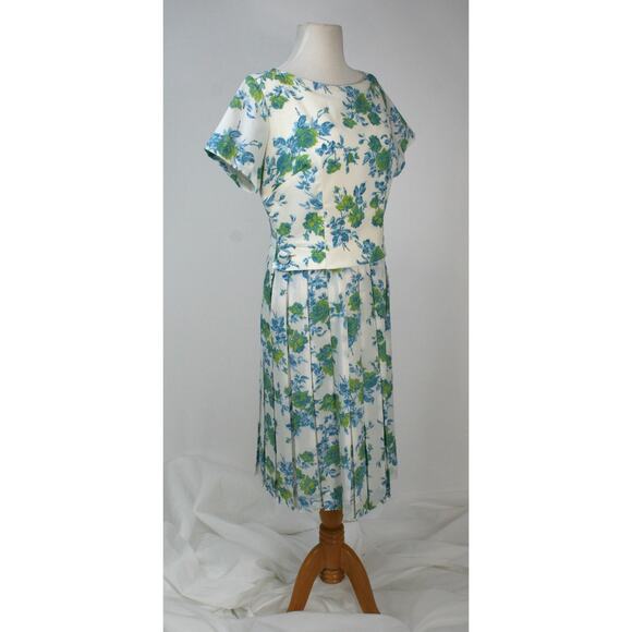 Vintage 50s 60s Dress MidCentury Spring Summer Floral Pleated Rockabilly Pin-Up - Picture 3 of 11